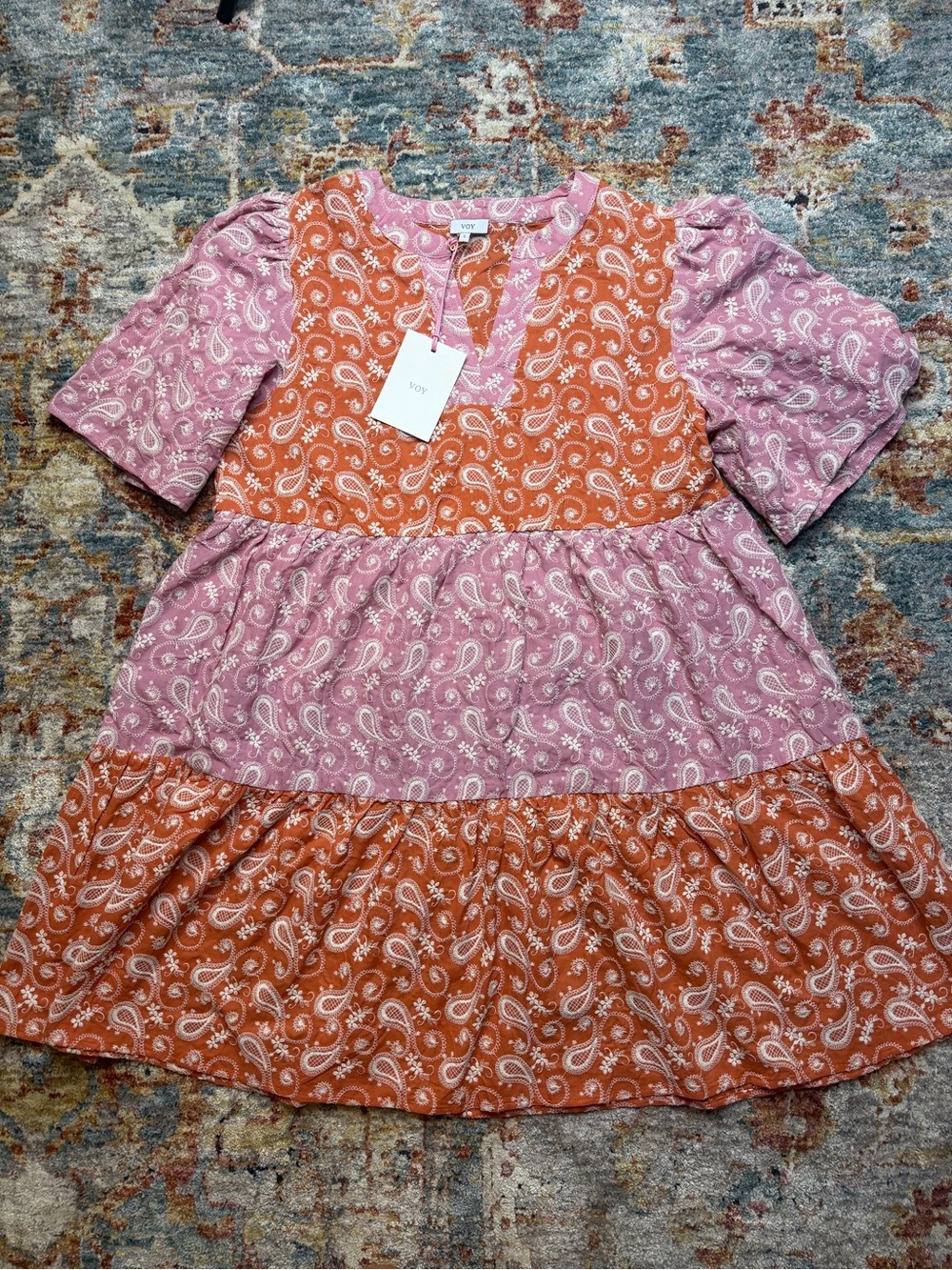 VOY woman’s Orange & Pink Paisley Tiered Dress NWT-L